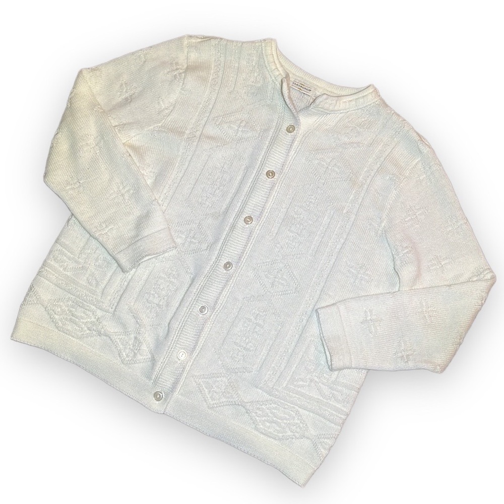 Vintage Fisherman Cozy Sweater - Yarnworks Ivory Knit Button Cardigan -XL